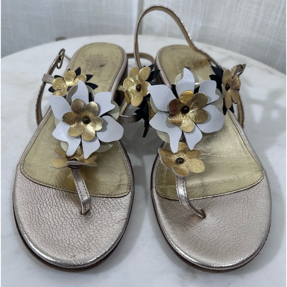 J Crew Collection Made In Italy Leather Gold Floral Boho Elegant Sandals Size 8 - Picture 1 of 15